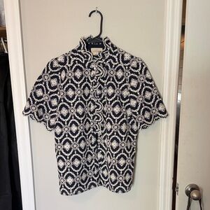 Sezane Navy & White Ruffled Lace-Pattern Short Sleeve Top